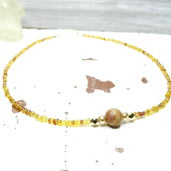 Dainty Amazonite Gemstone Beaded Choker Necklace, Minimalist Crystal Jewelry 13" - Picture 2 of 5